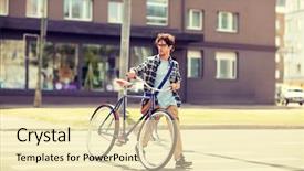  Presentation with healthy life style - PPT theme consisting of moving gears - people style city life background and a lemonade colored foreground