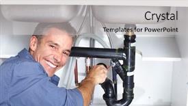  Presentation with plumber - Cool new PPT layouts with fixing a sink at kitchen backdrop and a light gray colored foreground