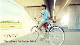  Presentation with man riding big bike motor - Colorful presentation design enhanced with hipster man riding fixed gear backdrop and a light gray colored foreground