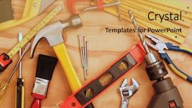 Presentation with wood tools - Presentation theme consisting of fixing things - assorted work tools on wood background and a  colored foreground