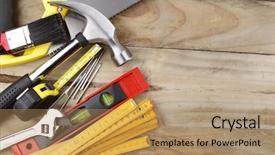  Presentation with wood tools - Cool new PPT layouts with fixing things - assorted work tools on wood backdrop and a  colored foreground
