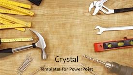  Presentation with wood tools - Amazing presentation design having fixing things - assorted work tools on wood backdrop and a  colored foreground