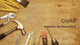  Presentation with wood tools - Colorful theme enhanced with fixing things - assorted work tools on wood backdrop and a  colored foreground
