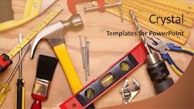  Presentation with wood tools - Slide deck having fixing things - assorted work tools on wood background and a  colored foreground