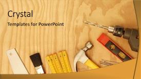  Presentation with wood tools - Audience pleasing presentation consisting of fixing things - assorted work tools on wood backdrop and a  colored foreground