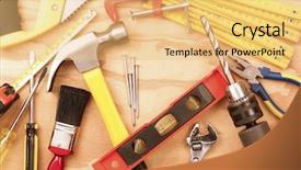  Presentation with wood tools - Amazing PPT theme having fixing things - assorted work tools on wood backdrop and a  colored foreground