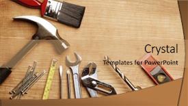  Presentation with wood tools - Slide deck with fixing things - assorted work tools on wood background and a  colored foreground