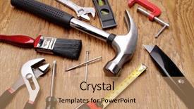  Presentation with wood carving tools - Slide deck enhanced with fixing things - assorted work tools on wooden background and a  colored foreground