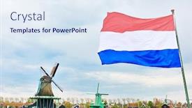  Presentation with dutch - Slide deck with flag of the netherlands against traditional dutch windmill near canal in zaanse schans background and a sky blue colored foreground