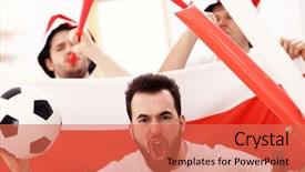  Presentation with friends - Colorful presentation theme enhanced with flag polish - happy male friends cheering backdrop and a  colored foreground