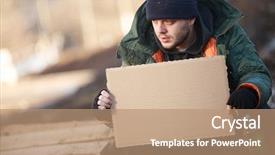  Presentation with homeless - Slide set featuring flagelo - homeless man holds blank cardboard background and a coral colored foreground