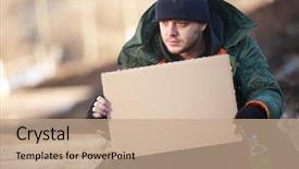  Presentation with homeless - Beautiful PPT theme featuring flagelo - homeless man holds blank cardboard backdrop and a coral colored foreground