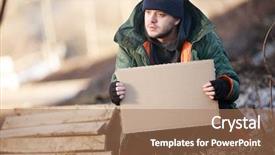  Presentation with homeless - Colorful presentation design enhanced with flagelo - homeless man holds blank cardboard backdrop and a coral colored foreground
