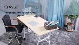  Presentation with office chair - Audience pleasing presentation theme consisting of flaglets - workplace with table office chair backdrop and a light blue colored foreground