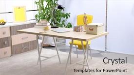  Presentation with living room - PPT theme featuring flaglets - workplace with table yellow chair background and a light gray colored foreground