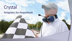 Presentation with checkered flag - Cool new slides with flagman with checkered flag meaning backdrop and a sky blue colored foreground