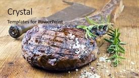  Presentation with barbecue dry aged kobe rib - Colorful PPT theme enhanced with flagstone - dry aged barbecue tomahawk steak backdrop and a coral colored foreground