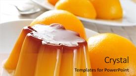  Presentation with syrup - Slide deck having flan - closeup of a plate background and a gold colored foreground