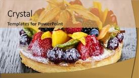  Presentation with tropical fruit - Presentation theme enhanced with flan cake - fresh dessert fruit tart covered background and a yellow colored foreground