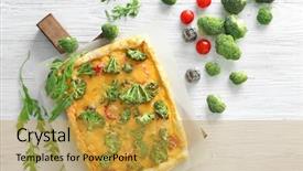  Presentation with traditional musical instruments angklung wood - Slides having flan cake - traditional quiche with broccoli background and a yellow colored foreground