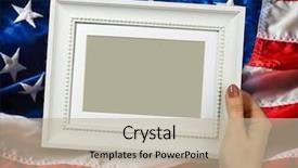  Presentation with flapping - Cool new PPT layouts with wooden frame in beautiful woman hands on the background of flapping flag usa with wave backdrop and a mint green colored foreground