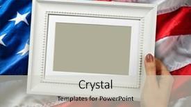  Presentation with flapping - Cool new slide deck with wooden frame in beautiful woman hands on the background of flapping flag usa with wave backdrop and a light gray colored foreground