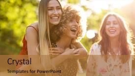  Presentation with summer - Presentation theme having flare - female friends on sunny summer background and a gold colored foreground