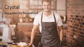  Presentation with catering waiter food event service - Presentation theme featuring flare against handsome waiter leaning background and a coral colored foreground