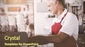  Presentation with flare - Colorful presentation enhanced with flare against happy barista using coffee machine backdrop and a tawny brown colored foreground