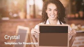  Presentation with flare - Audience pleasing slide set consisting of flare against happy waitress showing chalkboard with open sign backdrop and a coral colored foreground