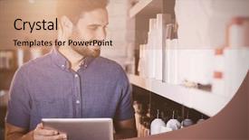  Presentation with flare - PPT theme with flare against male hairdresser using digital tablet background and a coral colored foreground