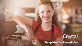  Presentation with machine to machine - Slide set having flare against smiling barista leaning background and a tawny brown colored foreground