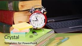  Presentation with back school - Slides with flash cards - books and laptop school supplies background and a yellow colored foreground