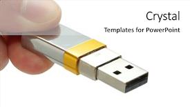  Presentation with flash - Slides enhanced with flash drive in hand isolated background and a  colored foreground