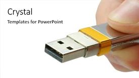  Presentation with flash - Audience pleasing PPT theme consisting of floppy disk - flash drive in hand backdrop and a white colored foreground
