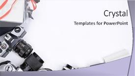  Presentation with white flower frame - Presentation enhanced with flashing camera - all photojournalism equipment framing white background and a  colored foreground