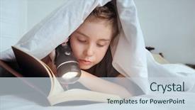  Presentation with reading and writing - Beautiful PPT layouts featuring flashlight shine - boy reading under the covers backdrop and a sky blue colored foreground