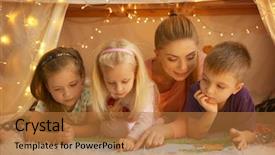 Presentation with children reading - Cool new slide deck with flashlight shine - young woman and cute children backdrop and a coral colored foreground