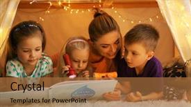  Presentation with children reading - Amazing presentation design having flashlight shine - young woman and cute children backdrop and a coral colored foreground