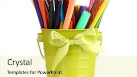  Presentation with white green - PPT layouts consisting of flashy - colorful pencils and felt-tip pens background and a yellow colored foreground