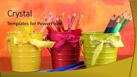  Presentation with color pencils - Slide deck featuring flashy - colorful pencils and felt-tip pens background and a coral colored foreground