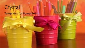  Presentation with color pencils - Amazing PPT theme having flashy - colorful pencils and felt-tip pens backdrop and a red colored foreground
