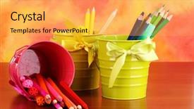  Presentation with color pencils - Presentation having flashy - colorful pencils and felt-tip pens background and a yellow colored foreground