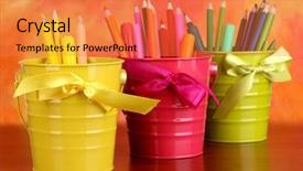  Presentation with color pencils - Presentation theme featuring flashy - colorful pencils and felt-tip pens background and a coral colored foreground