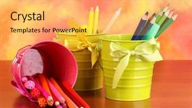  Presentation with pens and pencils - Audience pleasing slides consisting of flashy - colorful pencils and felt-tip pens backdrop and a yellow colored foreground