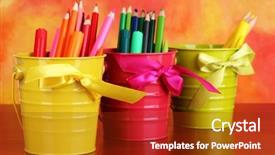  Presentation with pens and pencils - Presentation with flashy - colorful pencils and felt-tip pens background and a tawny brown colored foreground