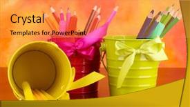  Presentation with color pencils - PPT theme enhanced with flashy - colorful pencils and felt-tip pens background and a gold colored foreground