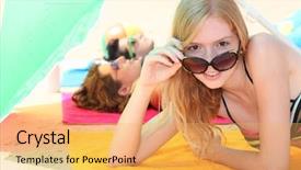  Presentation with under umbrella - Slide deck with flashy - girl under umbrella background and a yellow colored foreground