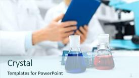  Presentation with table chemistry - PPT theme having flasks and tablet pc computer background and a sky blue colored foreground