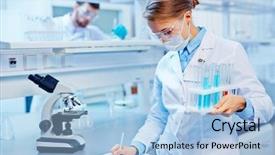  Presentation with flasks - Slide set consisting of flasks making notes in laboratory background and a light blue colored foreground